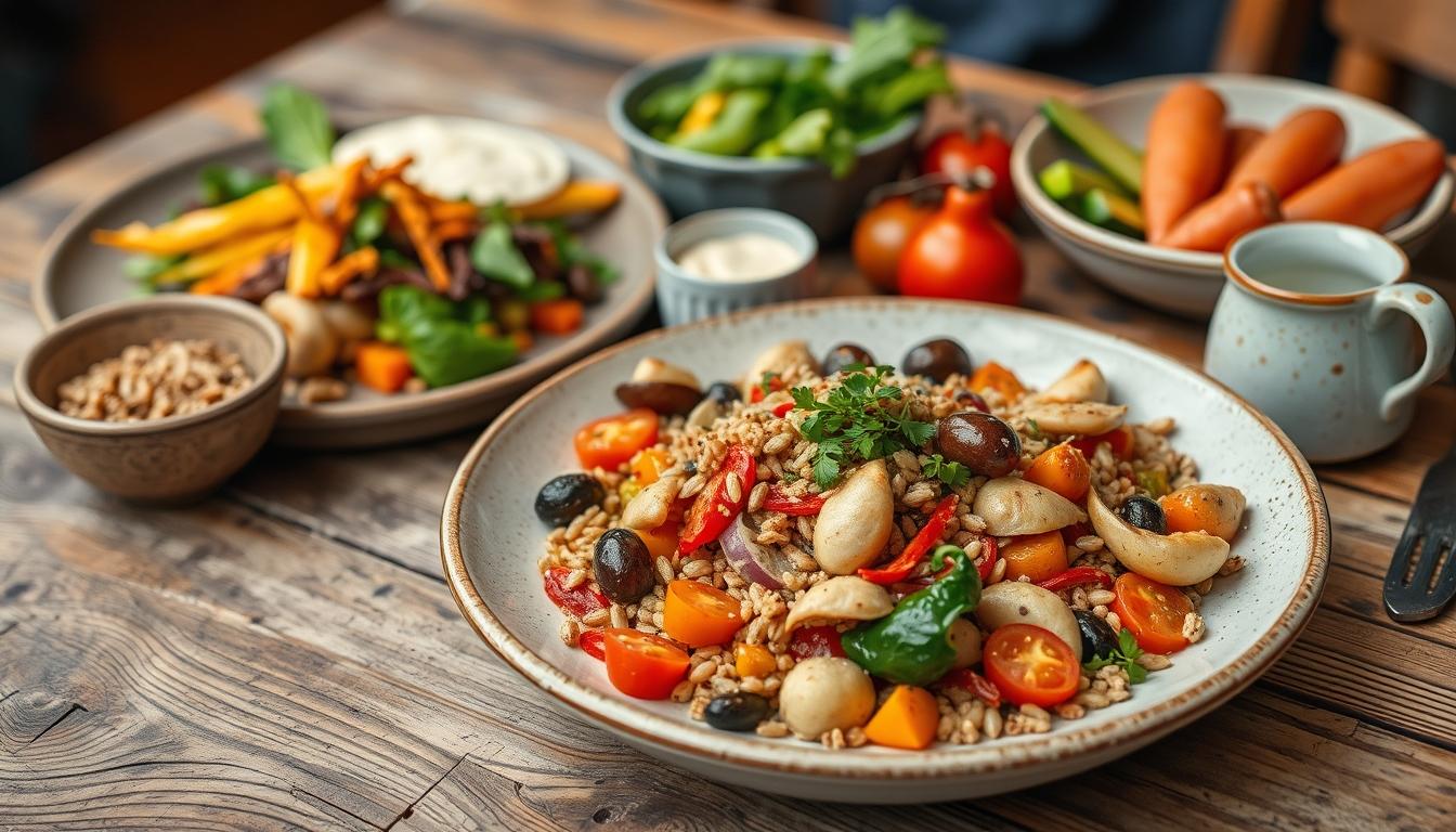 Balanced healthy meal prepared in a home kitchen